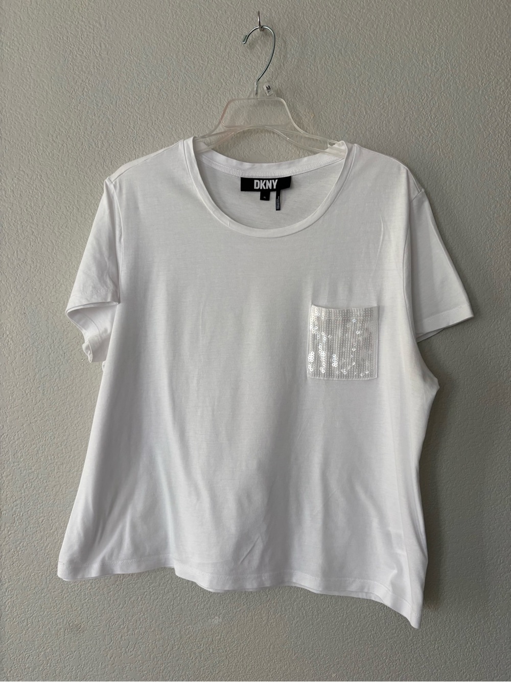 DKNY White Short Sleeve Tee with Sequin Pocket